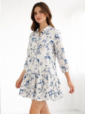 Saloni Tilly Monkey & Branches Poplin Cotton Blue White Mini Dress Size 8